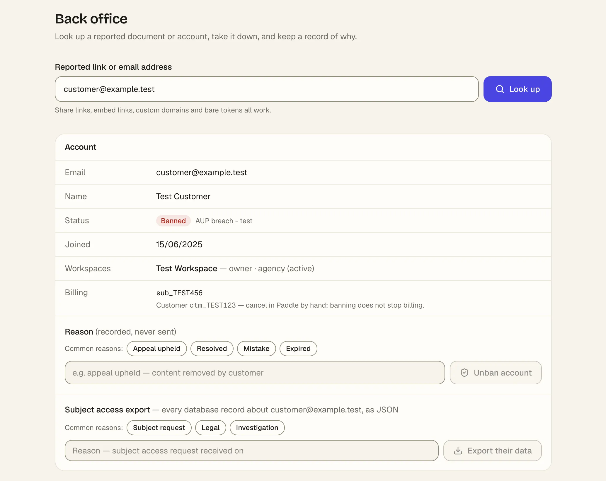 The back office account view: a looked-up account showing its email, name, a Banned status, workspace and billing, above reason-template buttons and Unban and Export-data actions.