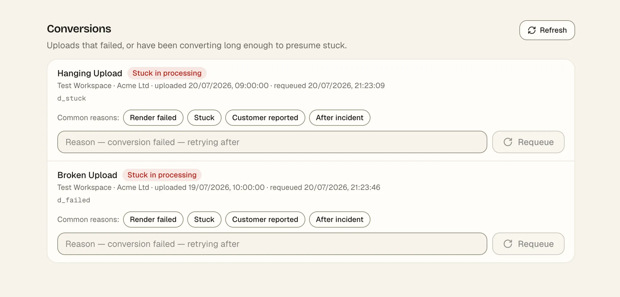 The conversions screen listing two uploads stuck in processing, each with common-reason buttons and a single Requeue action.