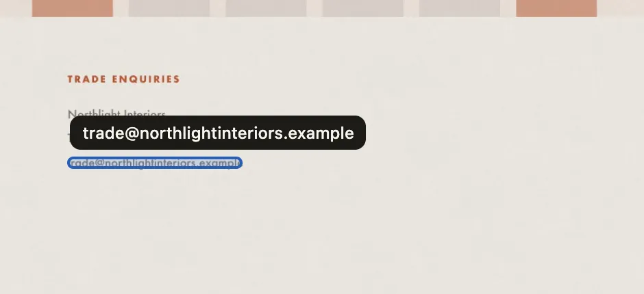 A close view of a page in the reader: an email address under the heading Trade enquiries is outlined as a link hotspot, with a dark tooltip above it showing the full address it points to.