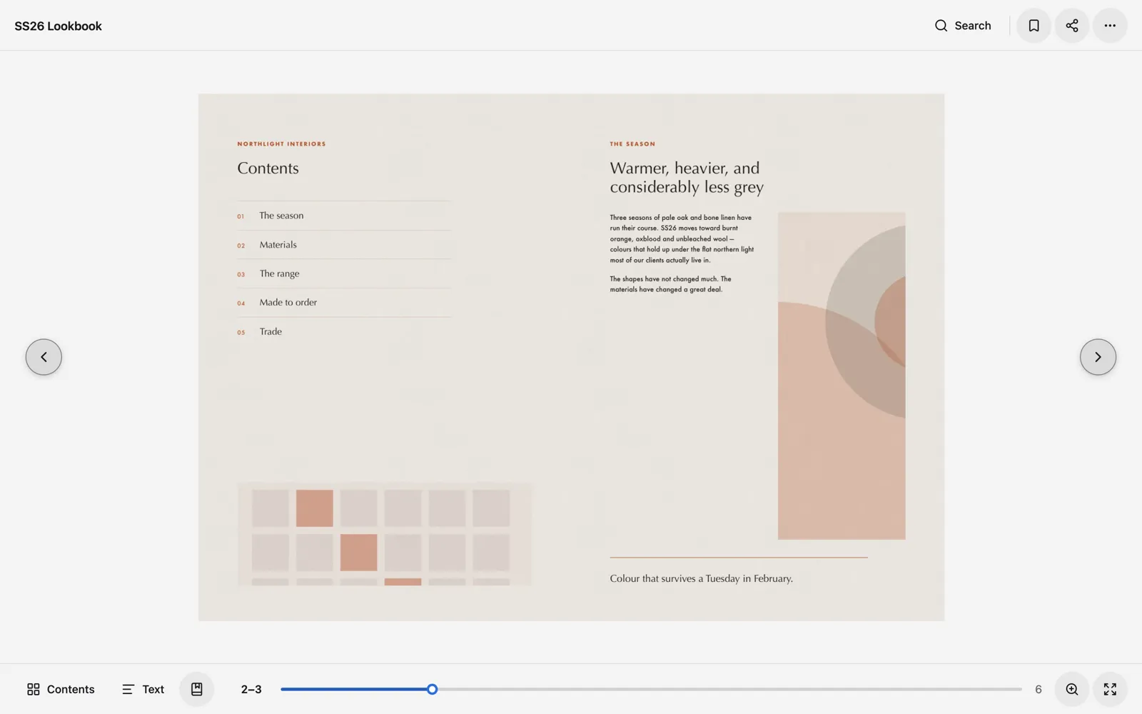 A spread open in the Living Page reader: a contents page on the left and an article page on the right, both lying flat and square-on, with no curve at the spine and no shadow falling across either page.